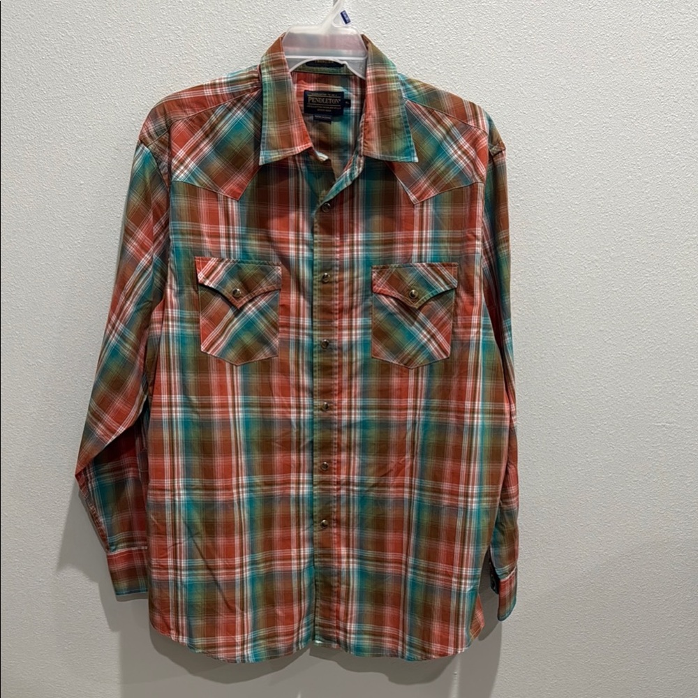 Men’s Pendleton Frontier Red and Green Casual Pearl Snap Button Down Shirt